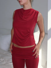 Asymm Pleats Tank Top in Raspberry