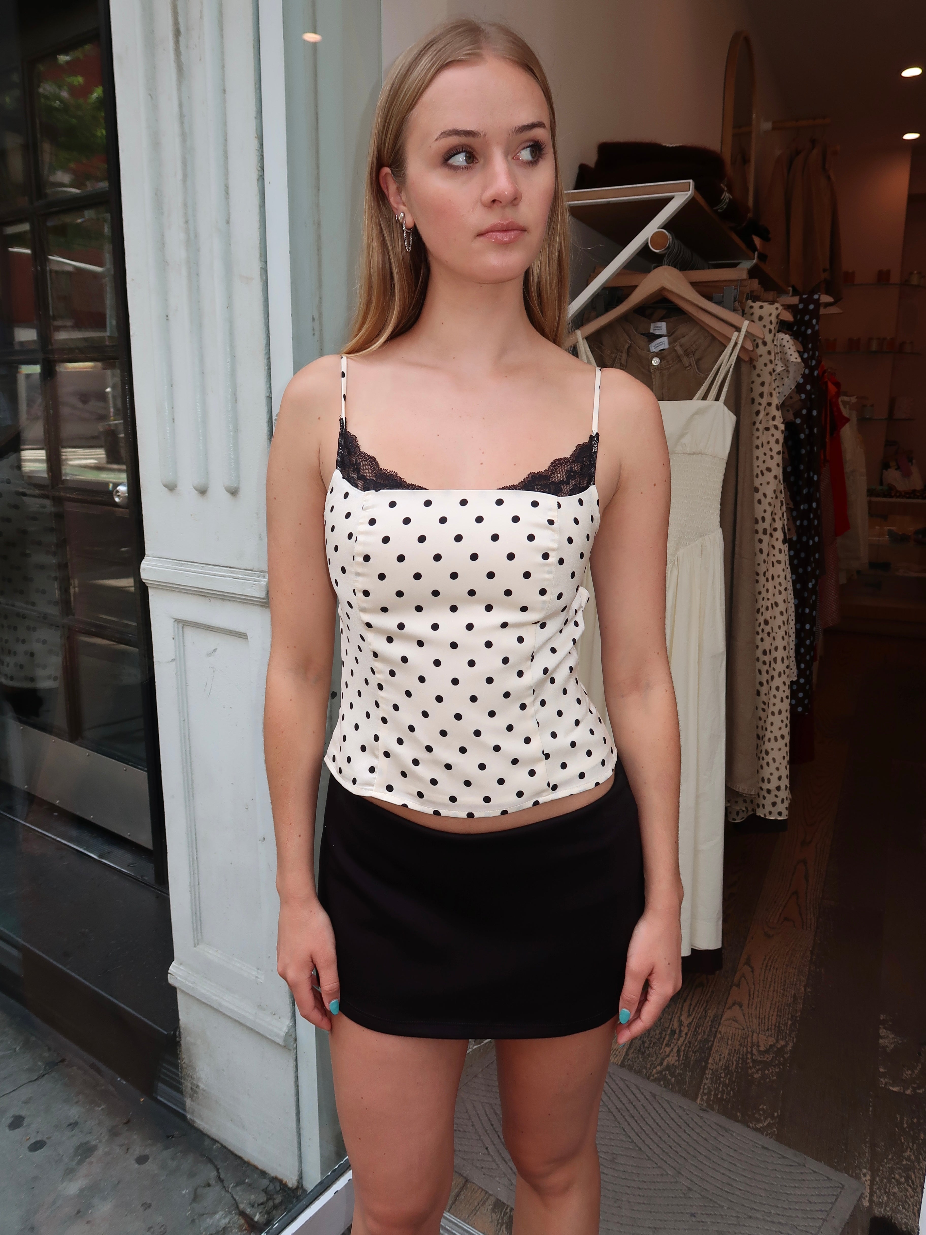 Cannes Satin Lace Top in Ivory Dot