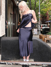 Elea Satin & Lace Midi Skirt in Navy