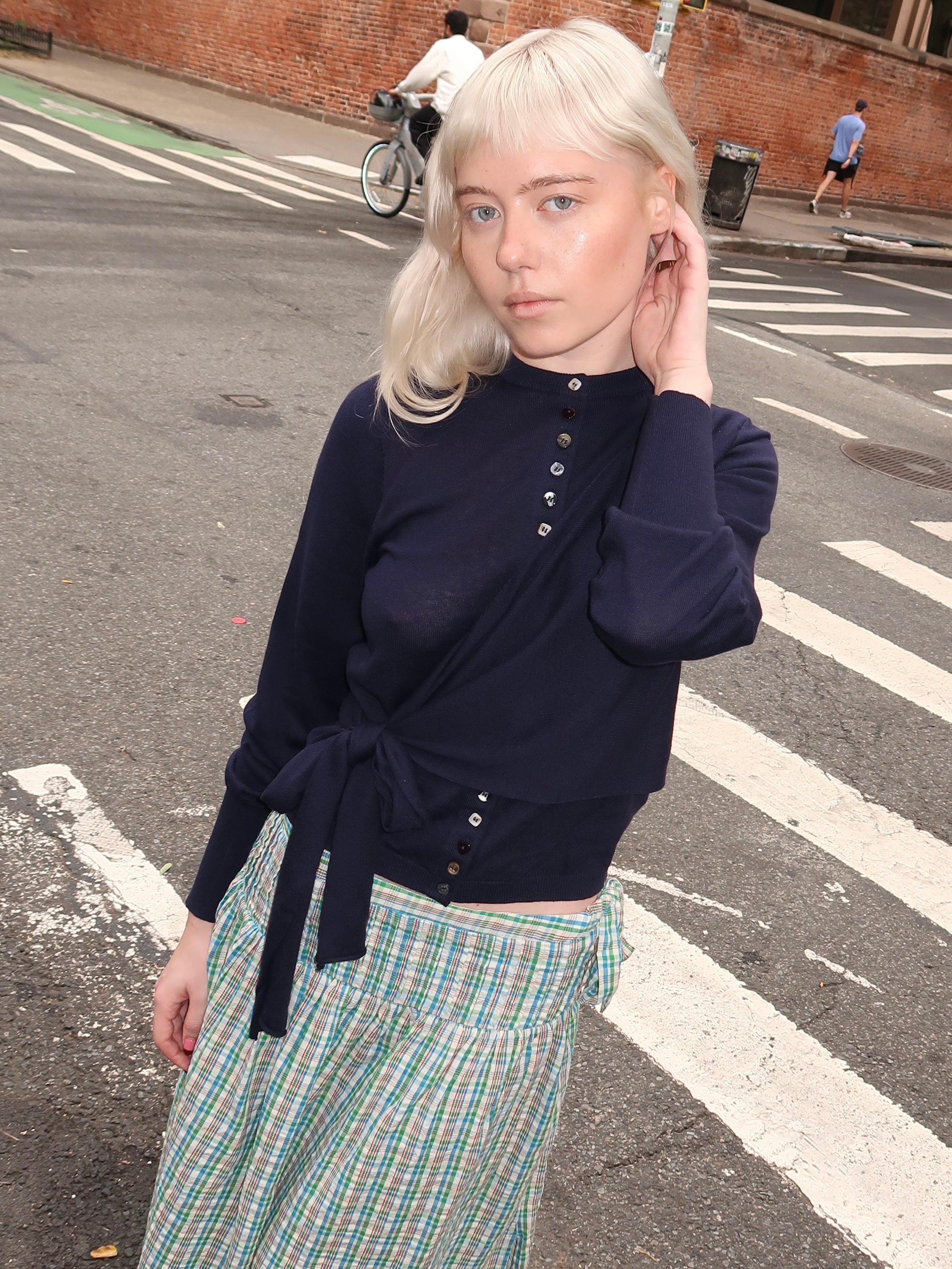 Venna Wrap Merino Wool Cardigan in Navy