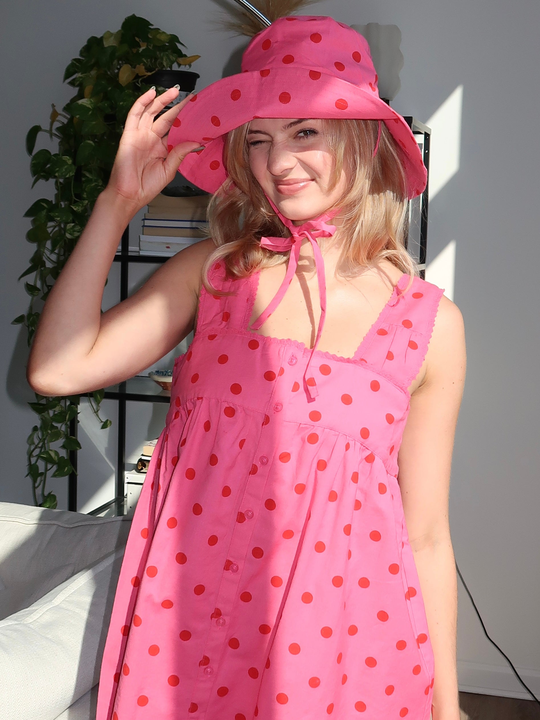 Sun Hat in Pink & Red Spot