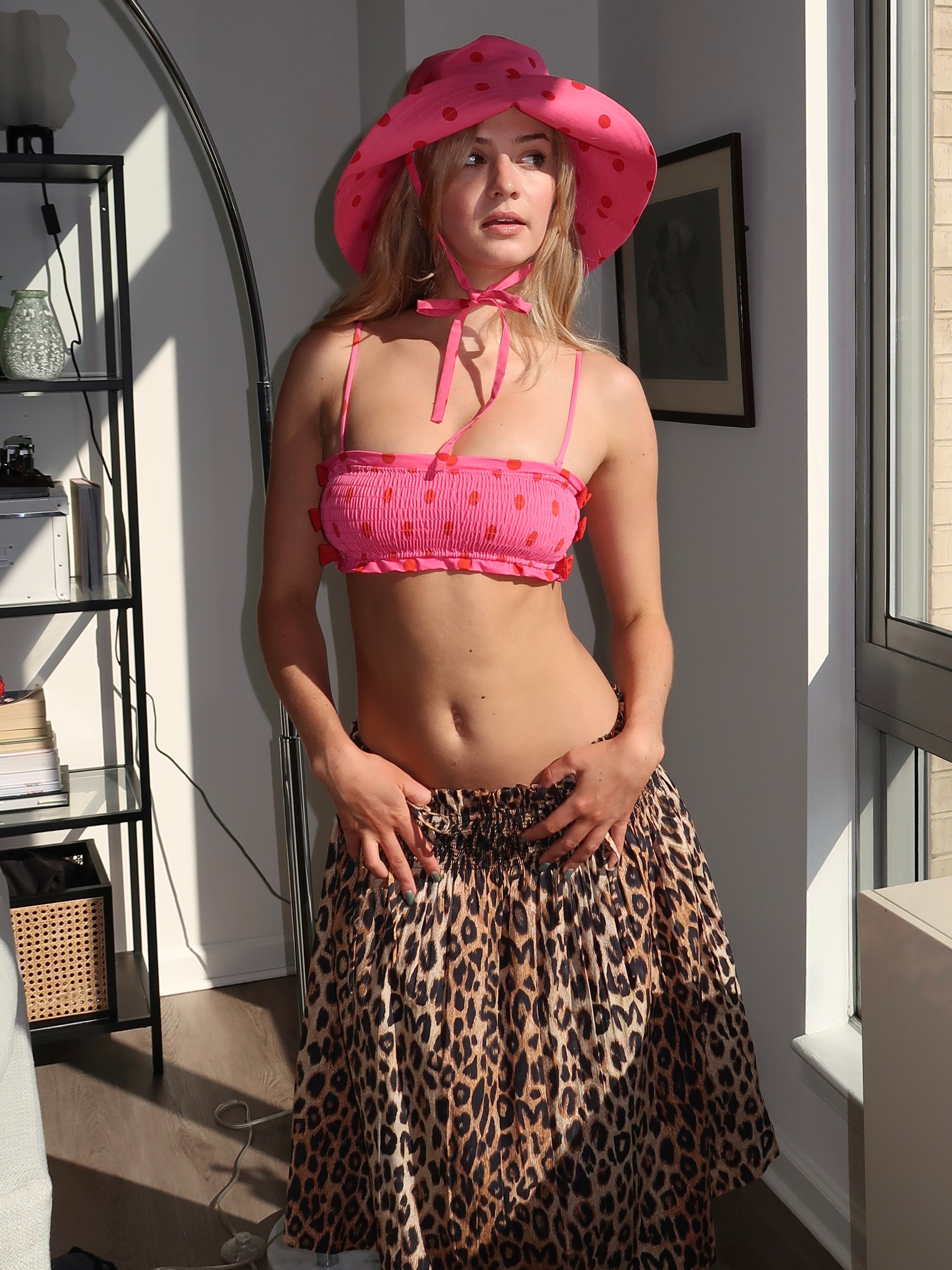 Shirred Bow Bikini Top in Pink & Red Spot