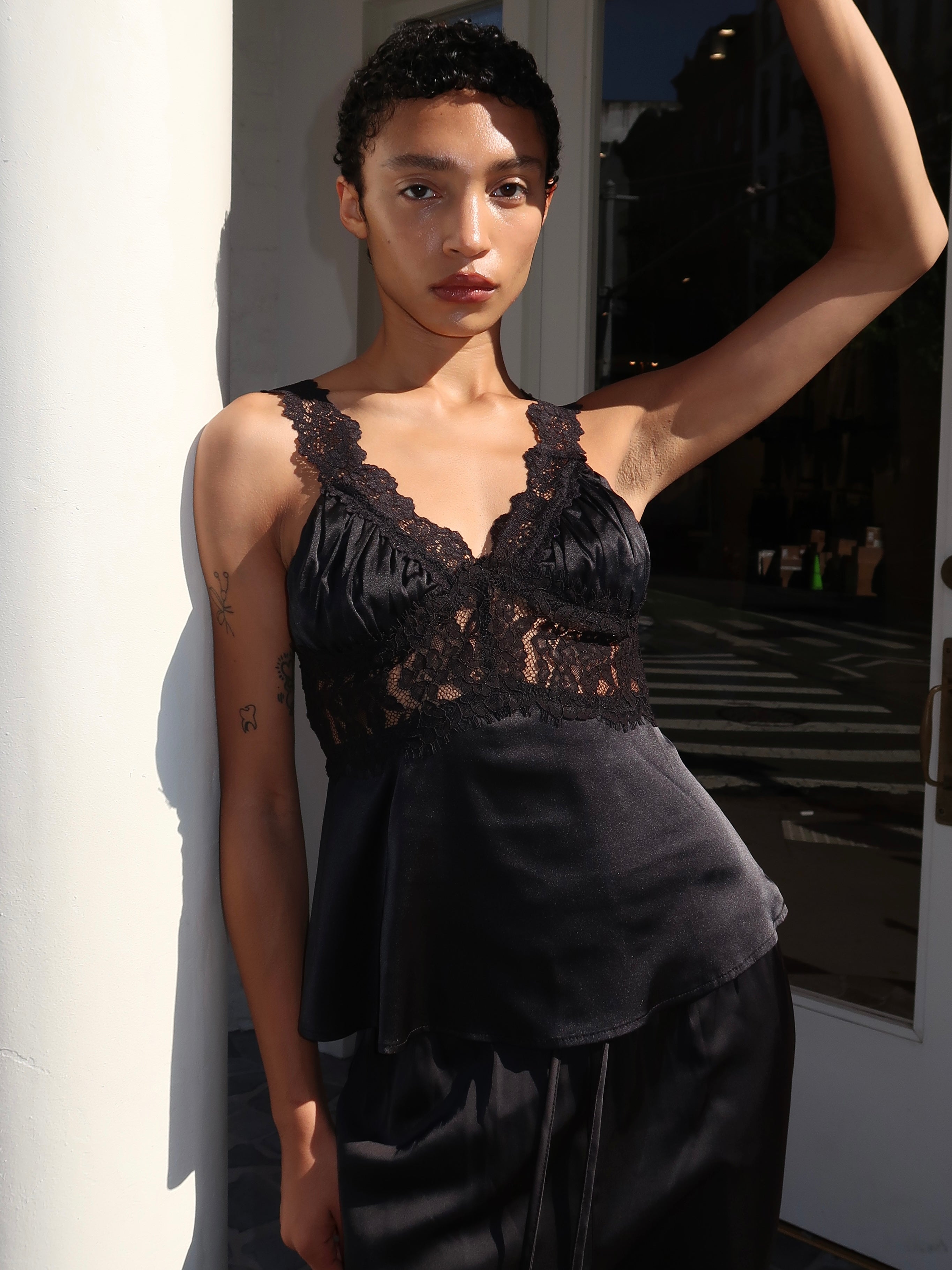 Paris Satin Lace Top in Black