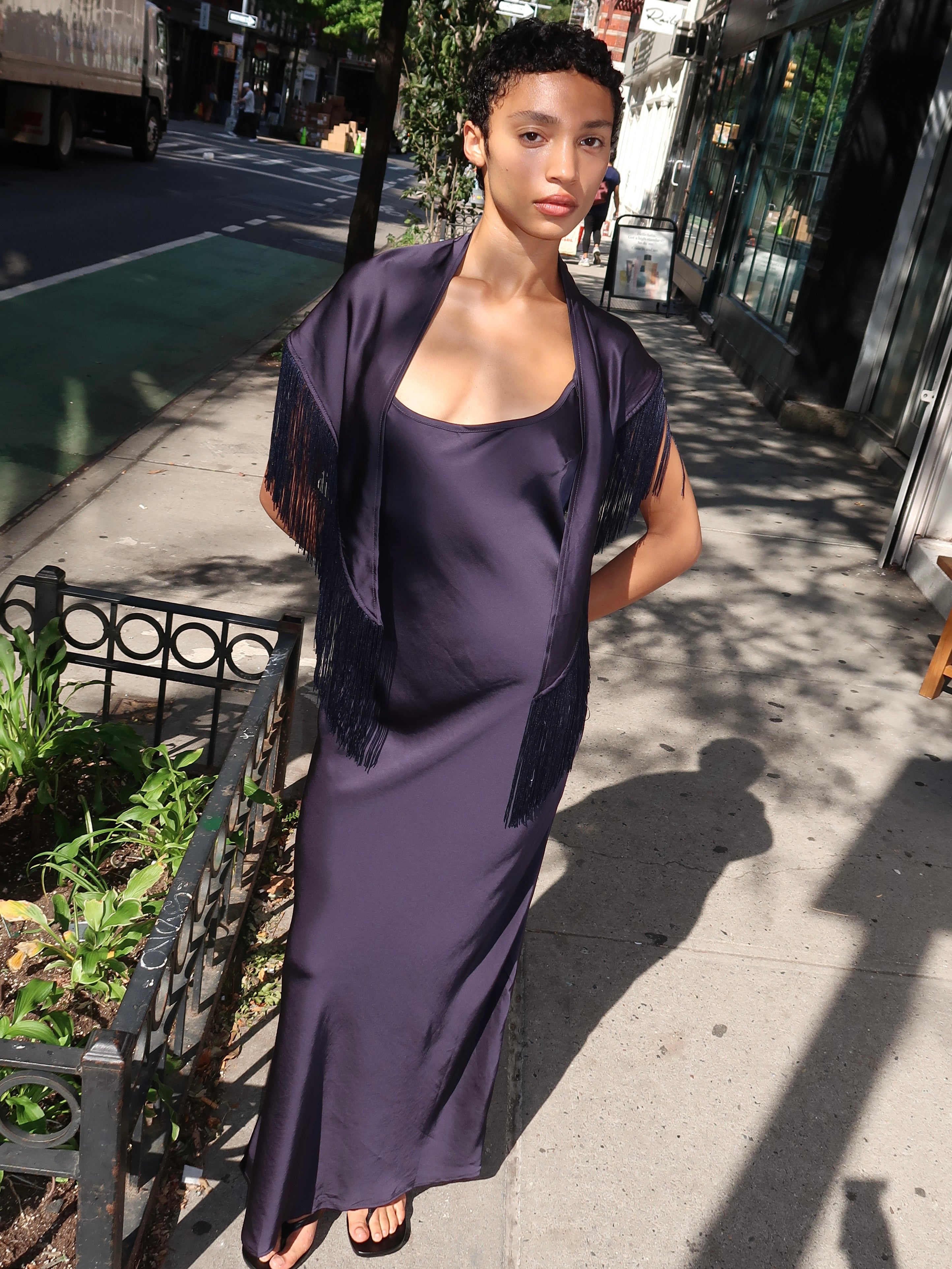 Salena Silky Maxi Dress + Fringe Shawl in Navy