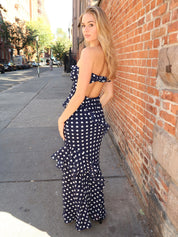 Alyson Strapless Maxi Ruffle Dress in Navy Dot
