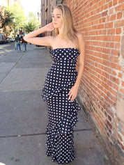 Alyson Strapless Maxi Ruffle Dress in Navy Dot