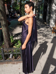 Salena Silky Maxi Dress + Fringe Shawl in Navy