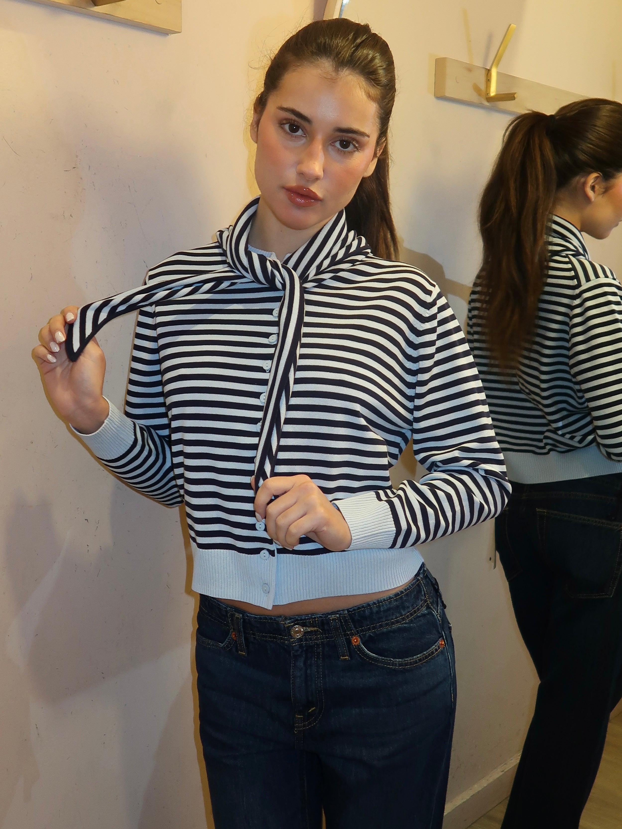 Striped Scarf Neck Lara Cardigan