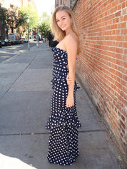 Alyson Strapless Maxi Ruffle Dress in Navy Dot