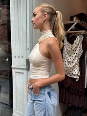 Aubrie High Neck Metal Ring Top in Cream