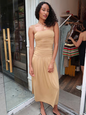 Arcadia Ruched Maxi Dress in Sand