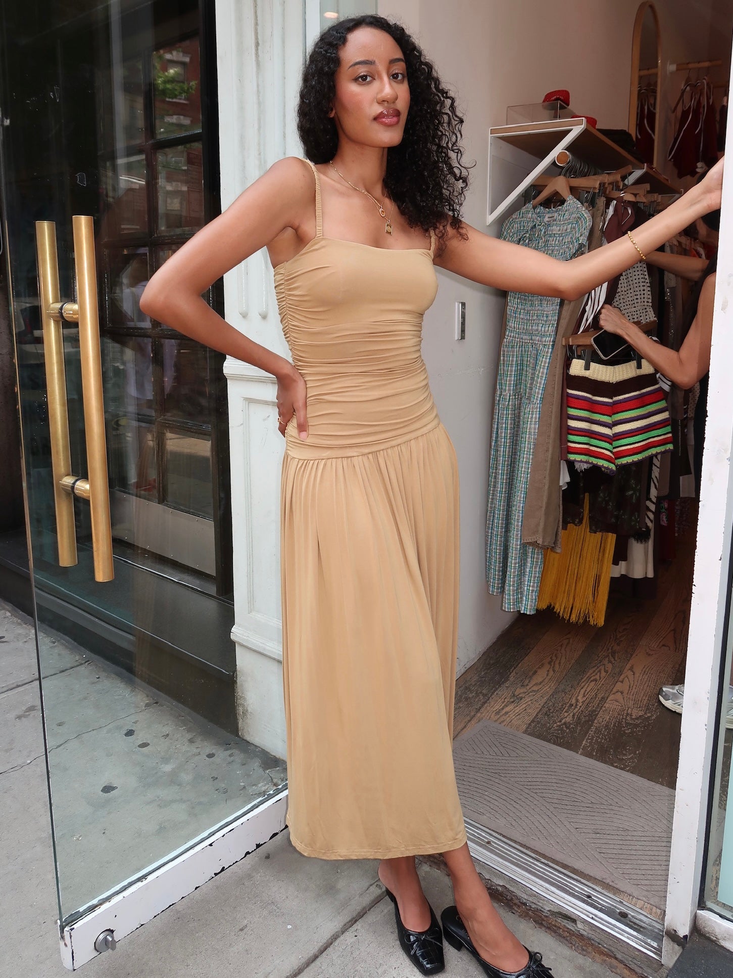 ruched maxi dress Arcadia in Sand mens-dress-shoes Ruffle Trim Bodycon Mini consider sizing up for Size:9-12 Months with Bloomers