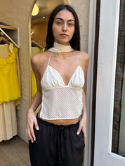 Donatella Scarf Top in White Polka Dot