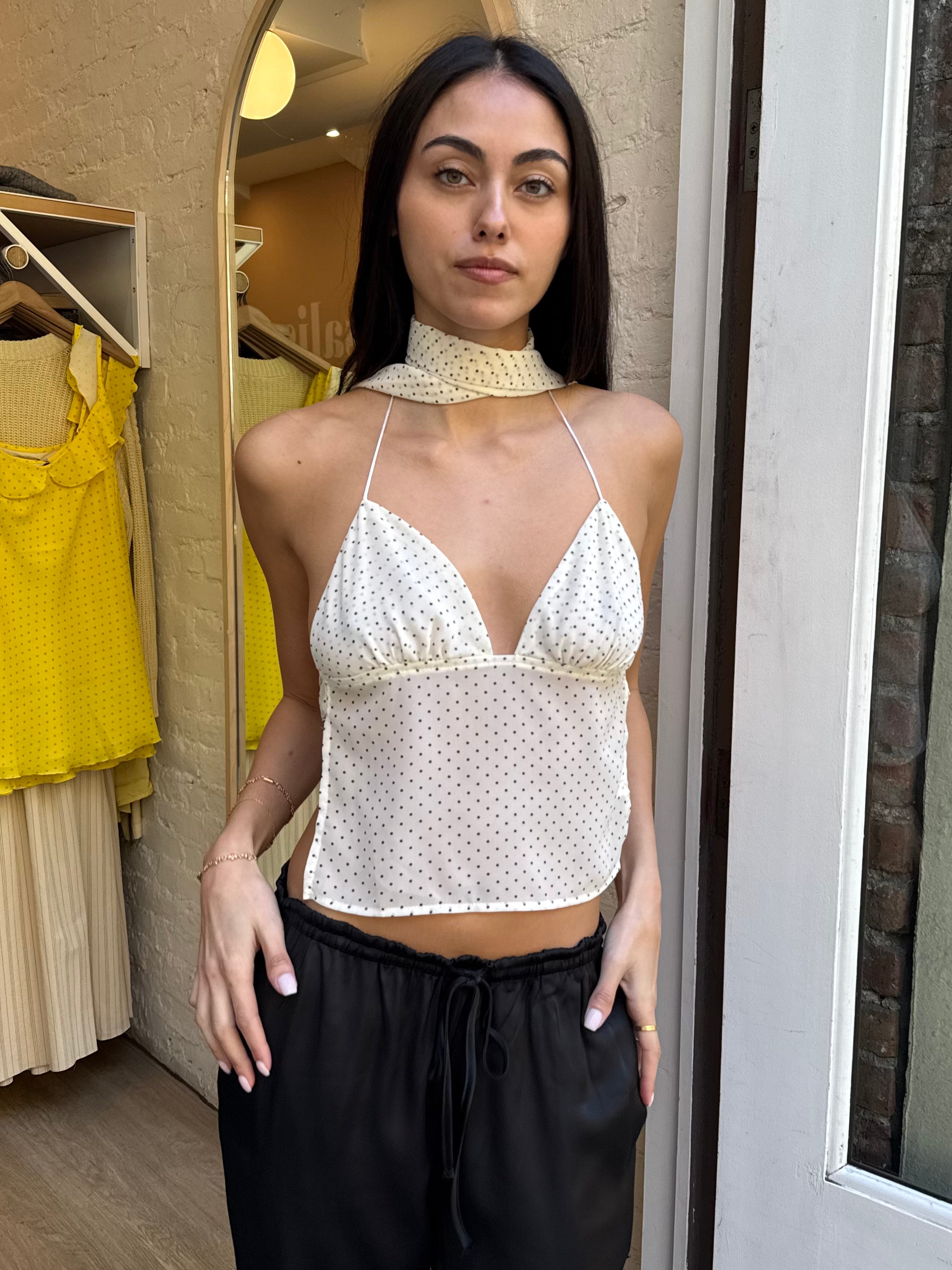 Donatella Scarf Top in White Polka Dot