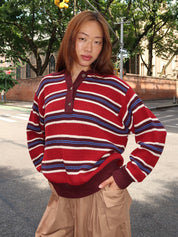 Ilona Striped Rugby Jumper in Burgundy Stripe
