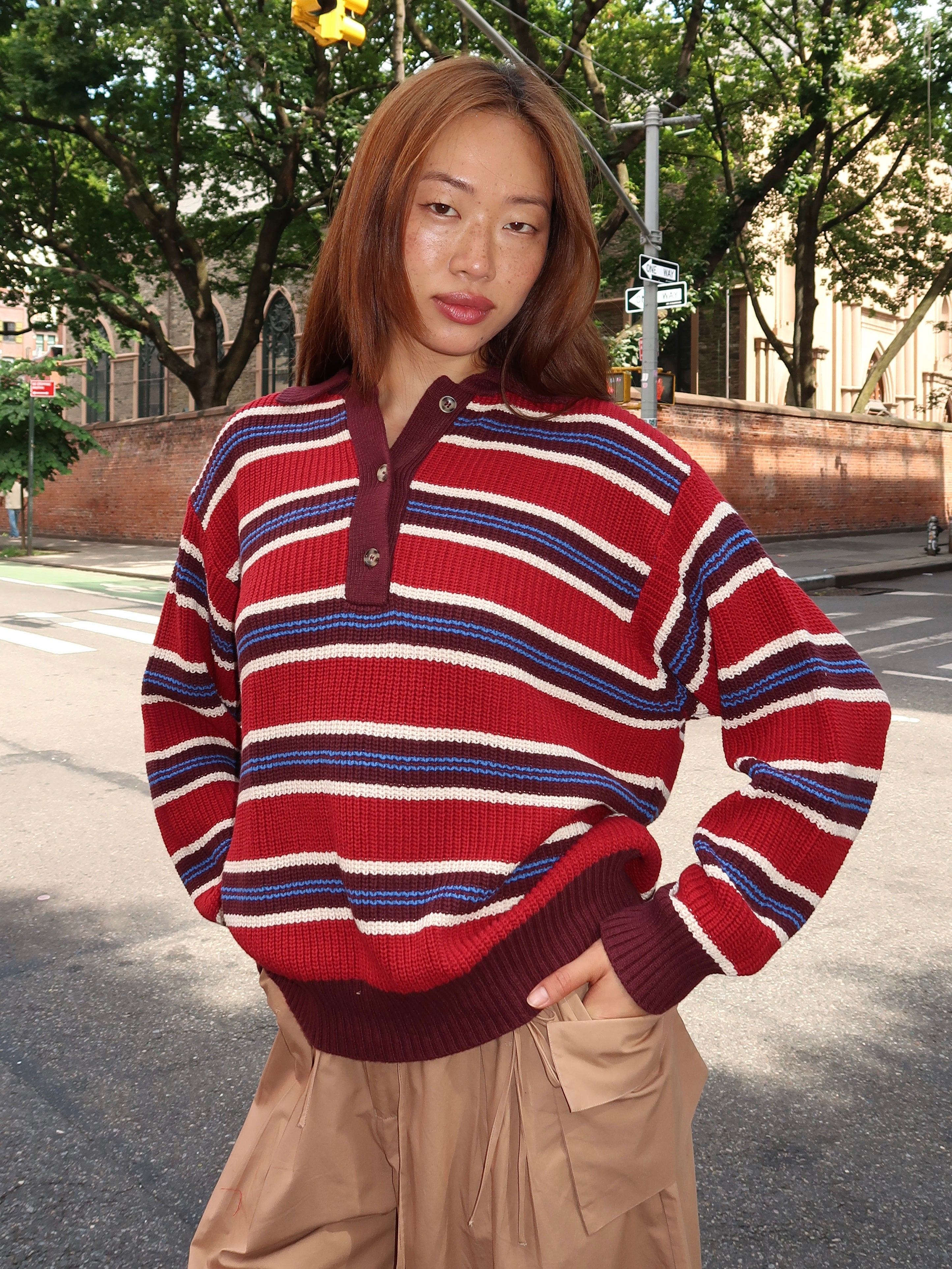 Ilona Striped Rugby Jumper in Burgundy Stripe