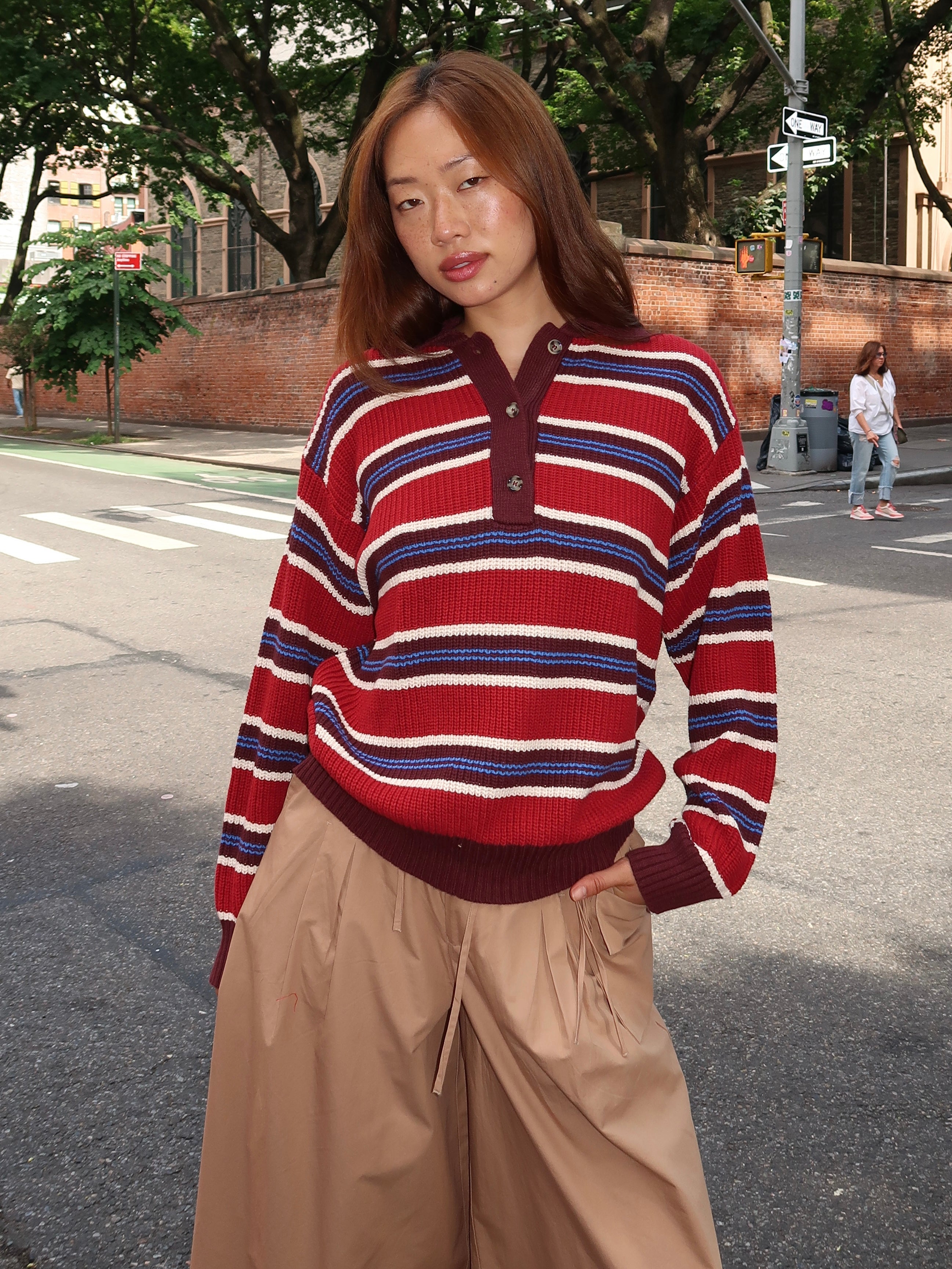 Ilona Striped Rugby Jumper in Burgundy Stripe