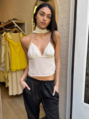 Donatella Scarf Top in White Polka Dot