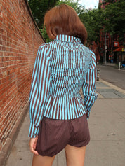Hazel Shirred Shirt in Blue/Choc Stripe