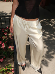 Noelle Silky Lace Trim Pants in Cream
