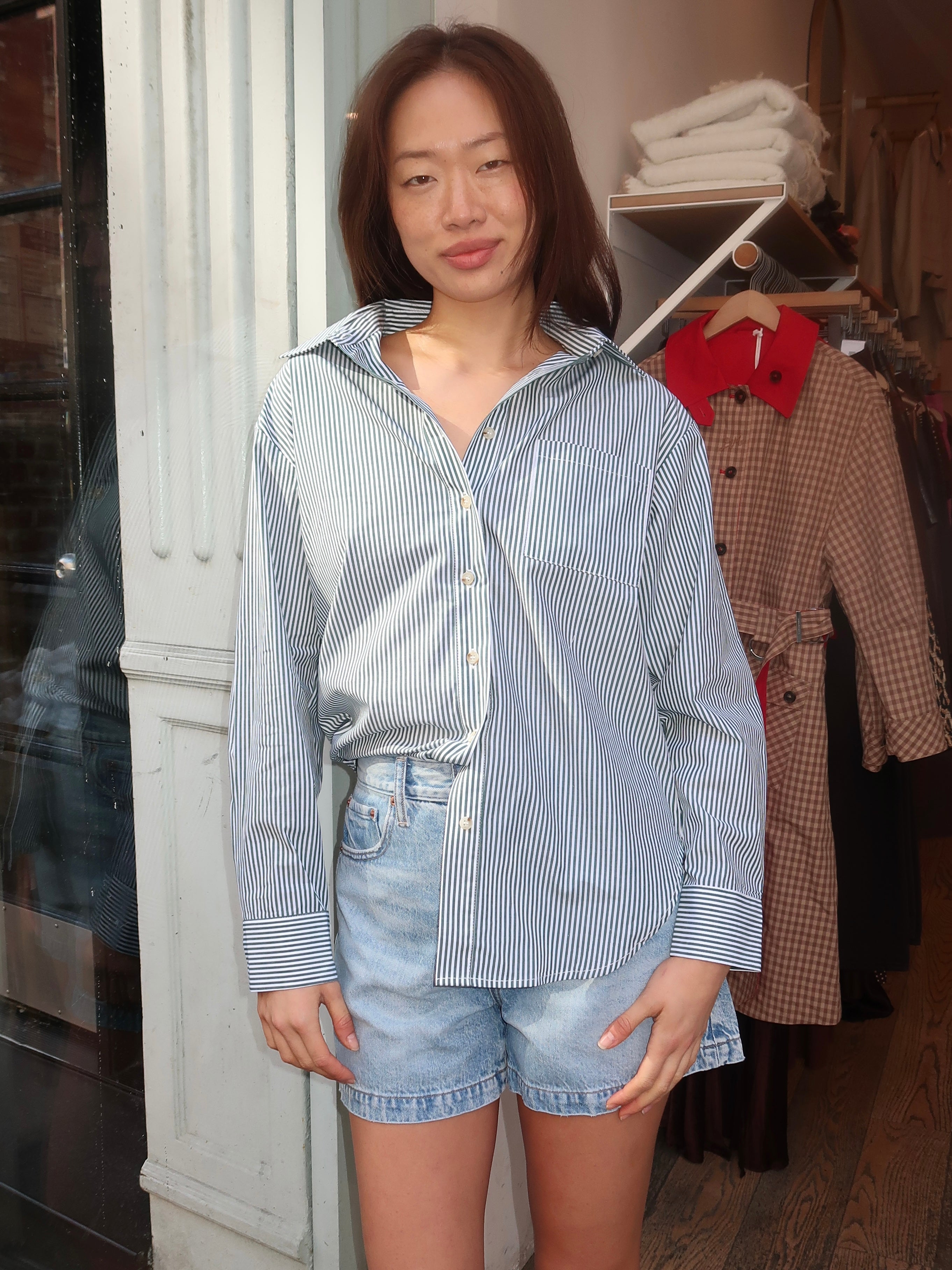 Saline Button Down Shirt in Green Stripe