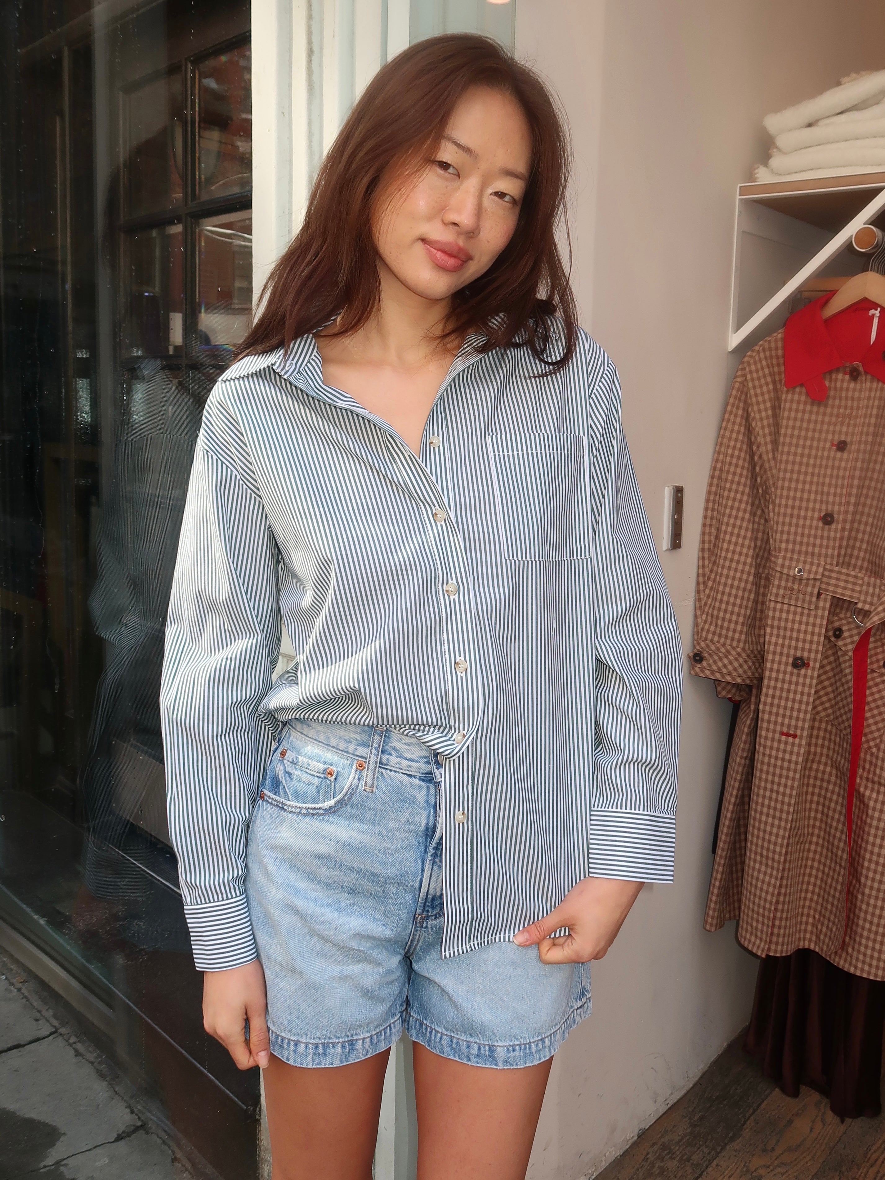 Saline Button Down Shirt in Green Stripe