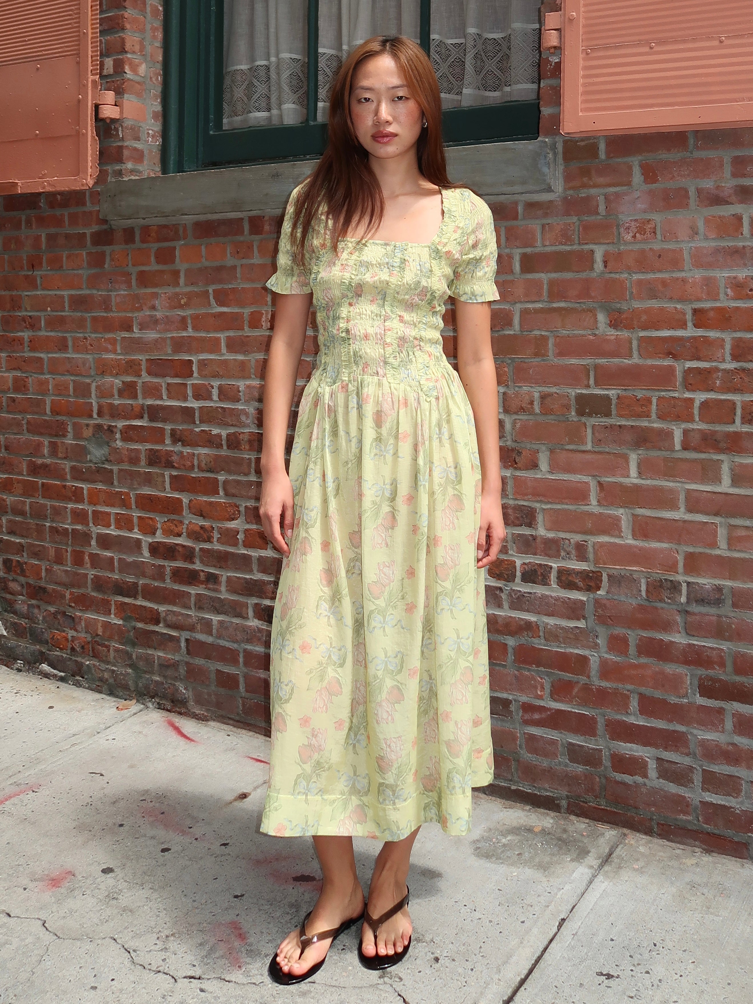 Raphaela Ruffle Midi Dress in Sheer Tulip Olive
