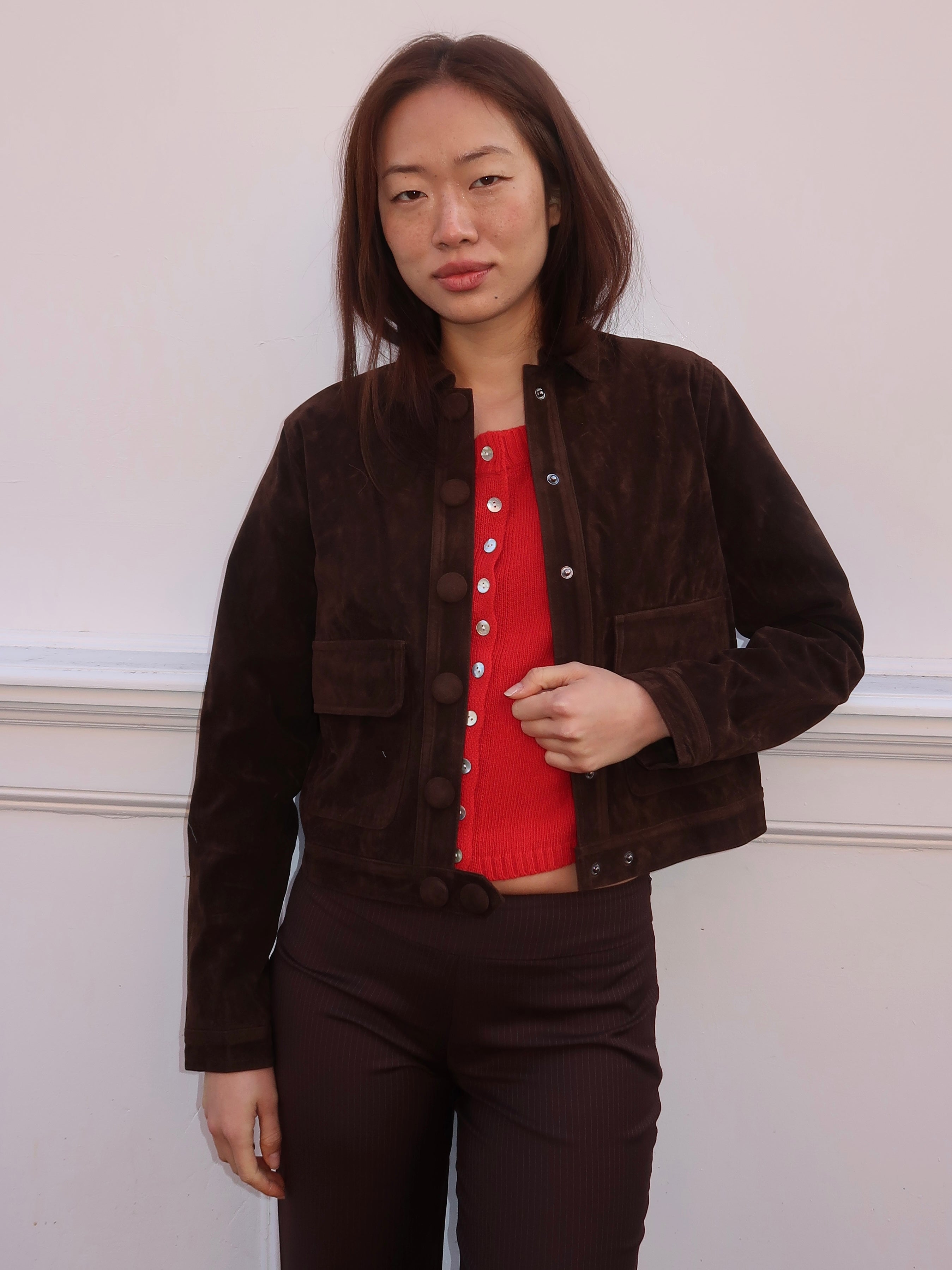 Suede Button Up Jacket in Brown