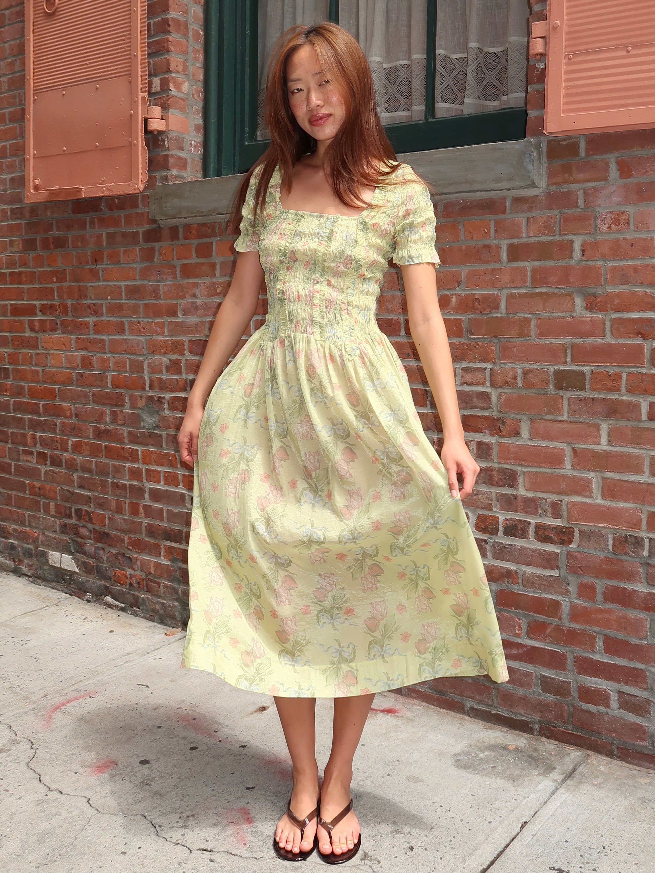 Raphaela Ruffle Midi Dress in Sheer Tulip Olive