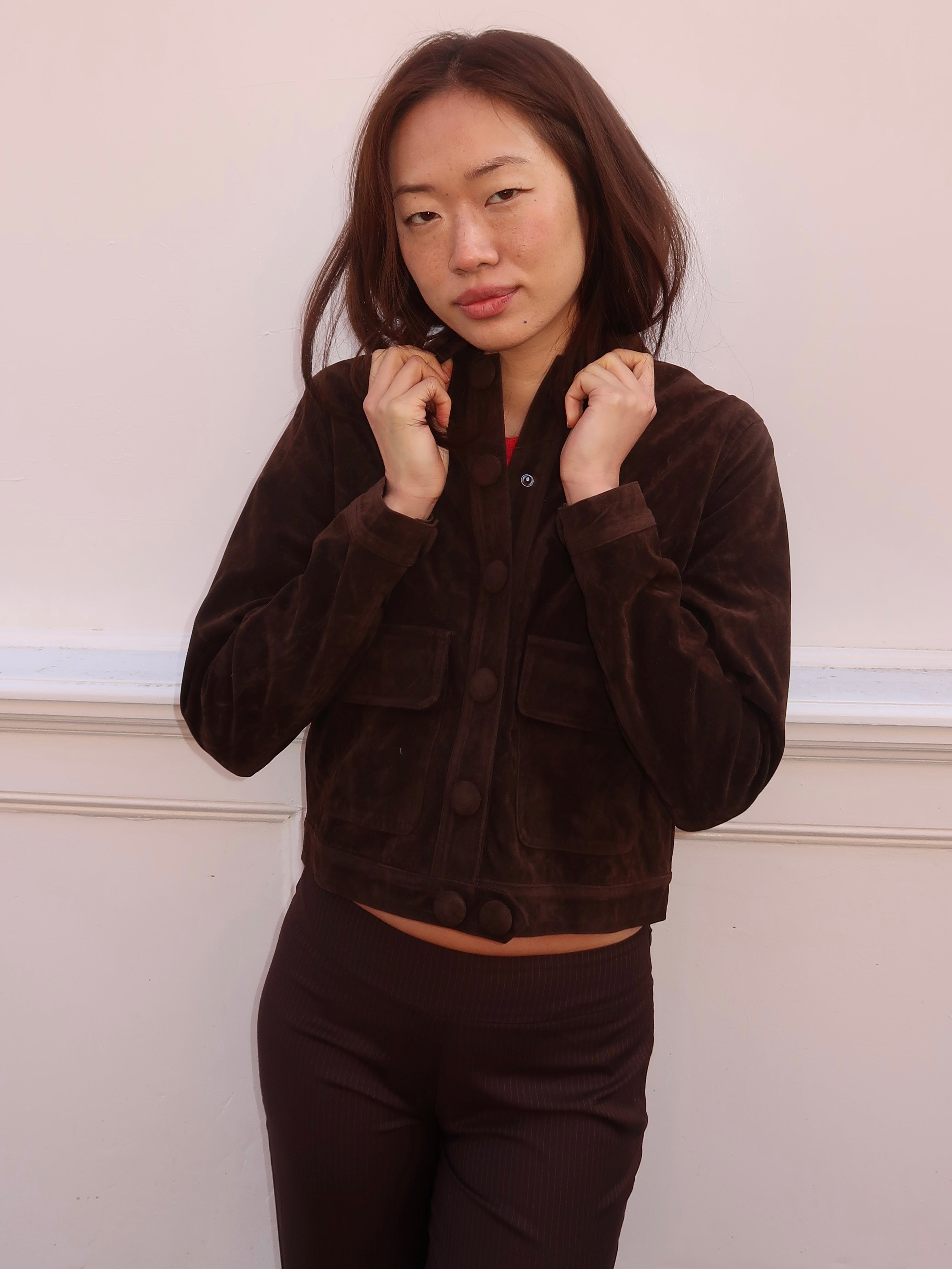 Suede Button Up Jacket in Brown