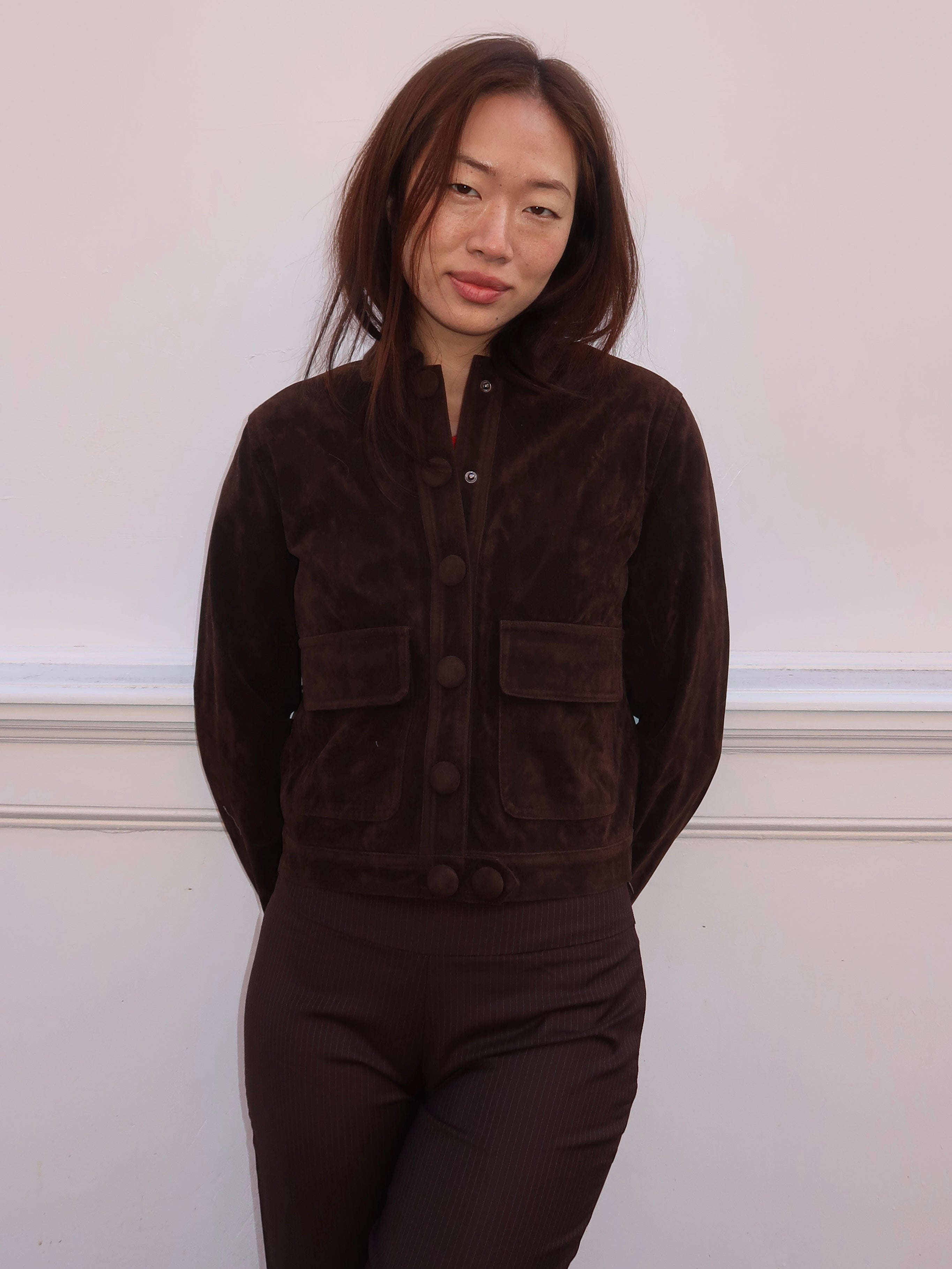 Suede Button Up Jacket in Brown