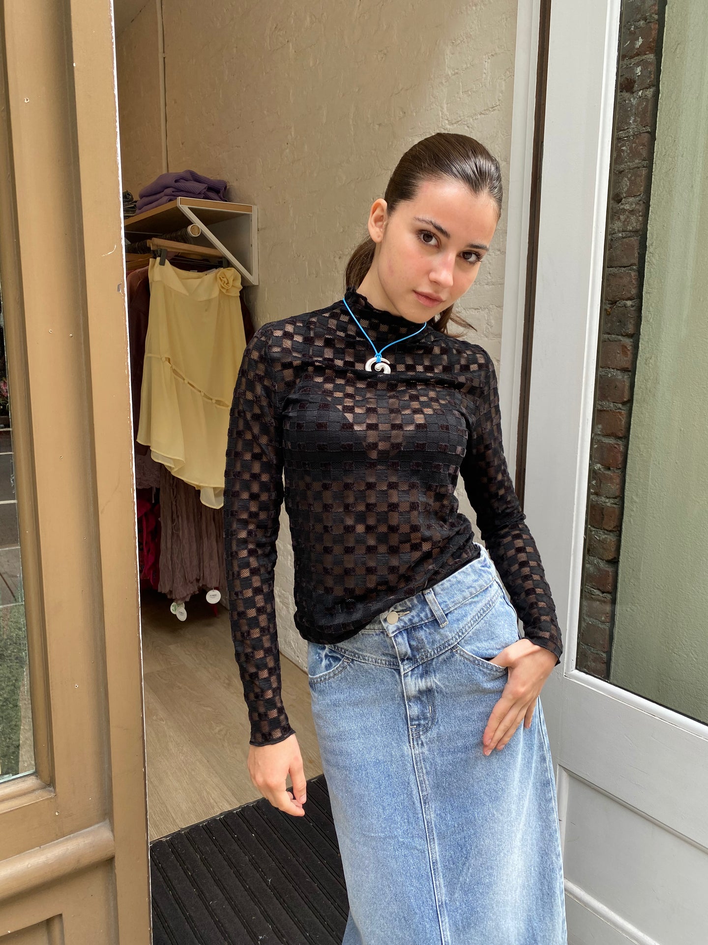 Harmony Checkered Mesh Top in Black