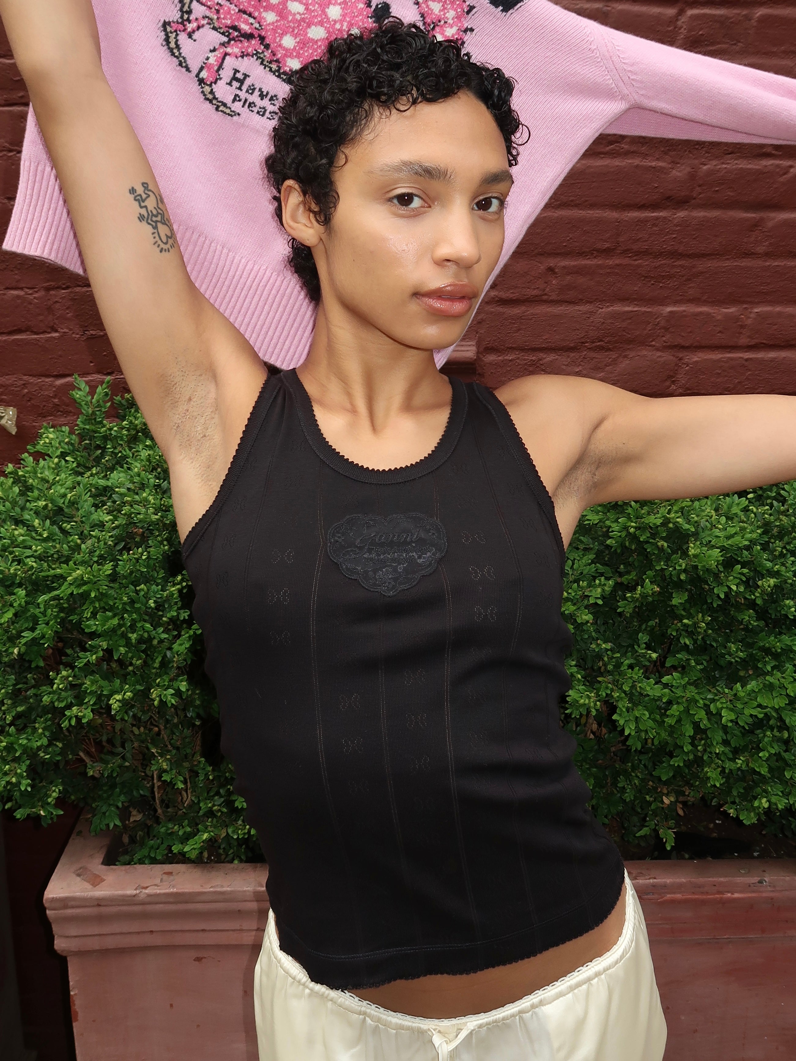 Compact Pointelle Rib Jersey Tank Top in Black