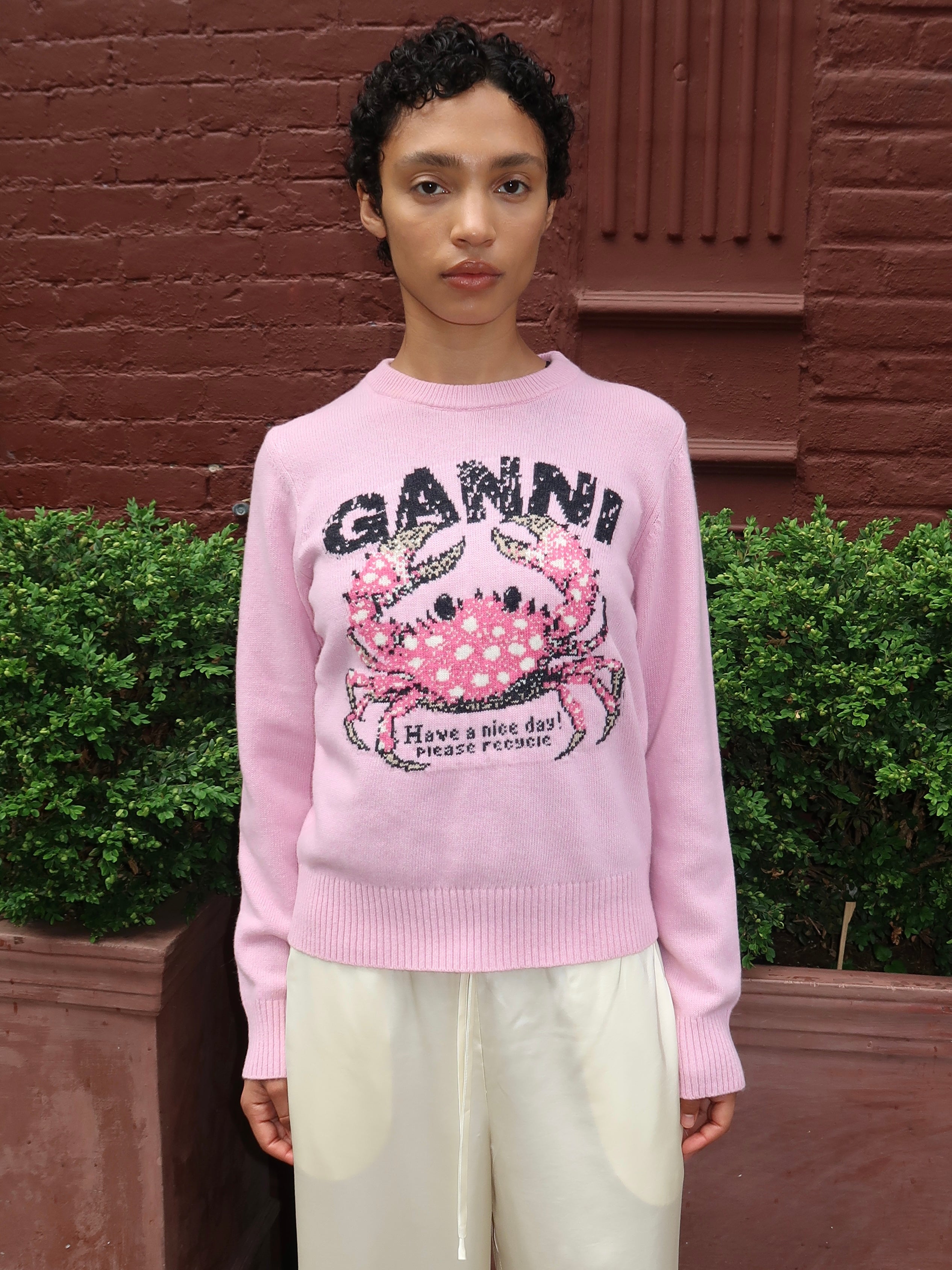 Graphic Wool Sweater Crab in Chalk Pink