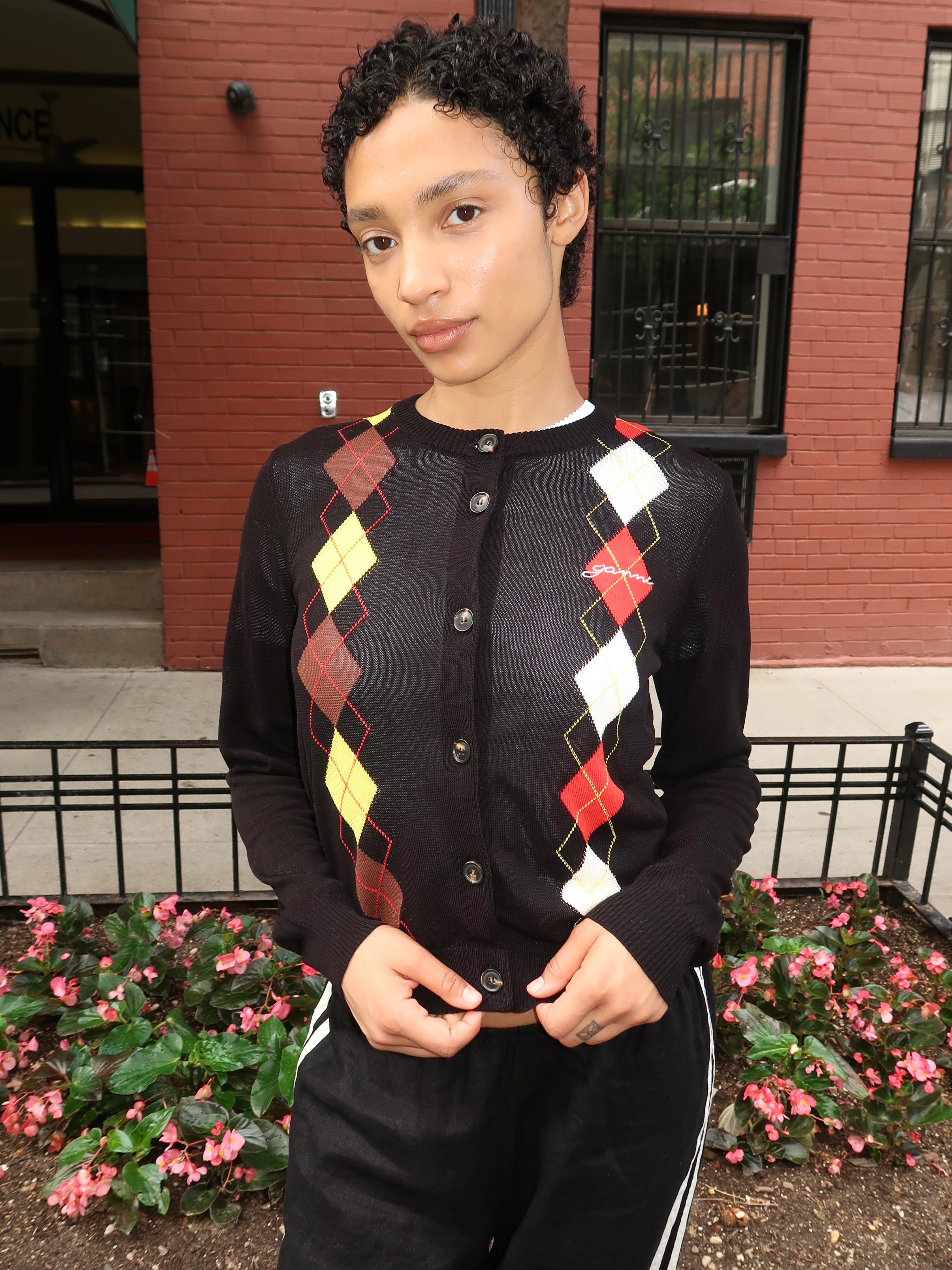 Light Cotton Argyle Cardigan in Black