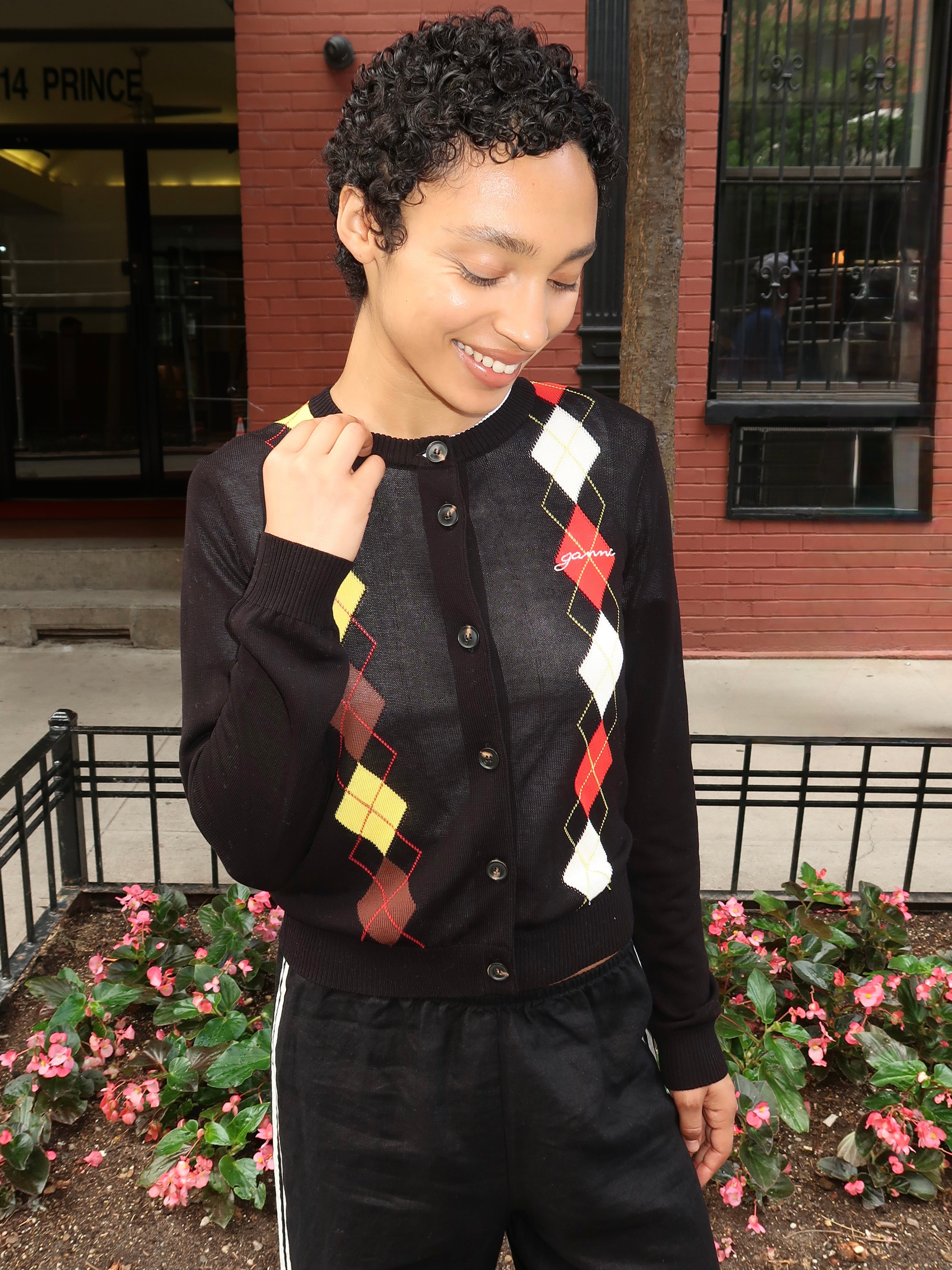 Light Cotton Argyle Cardigan in Black