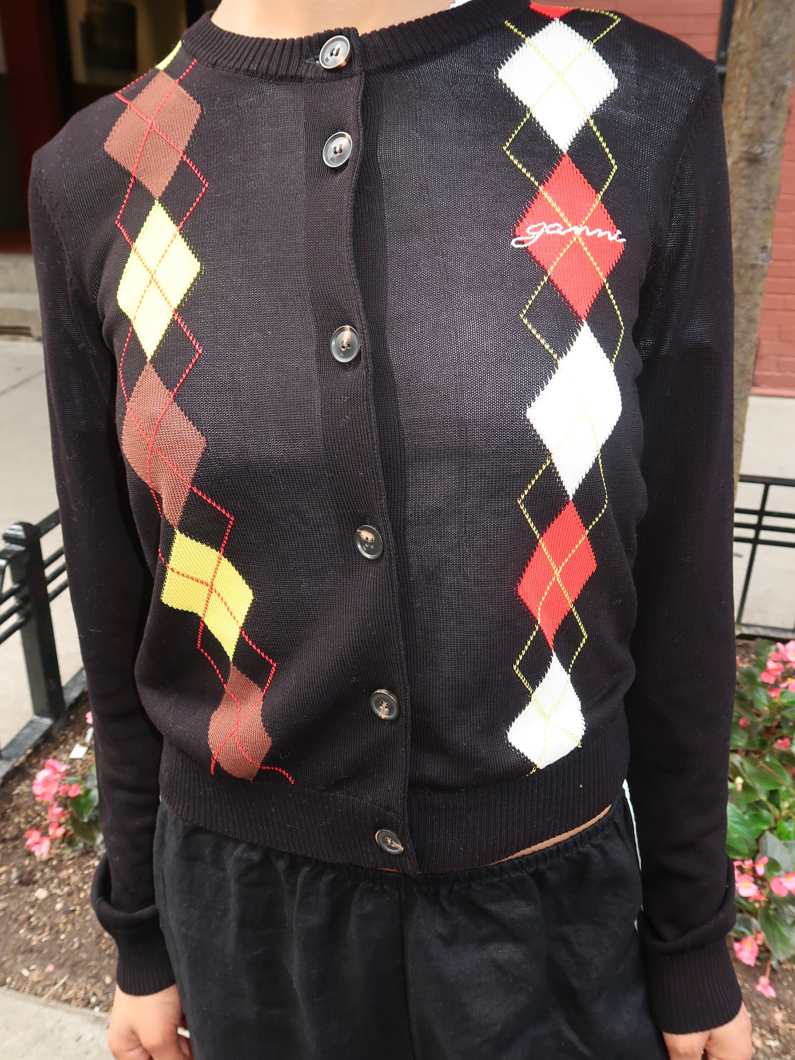 Light Cotton Argyle Cardigan in Black