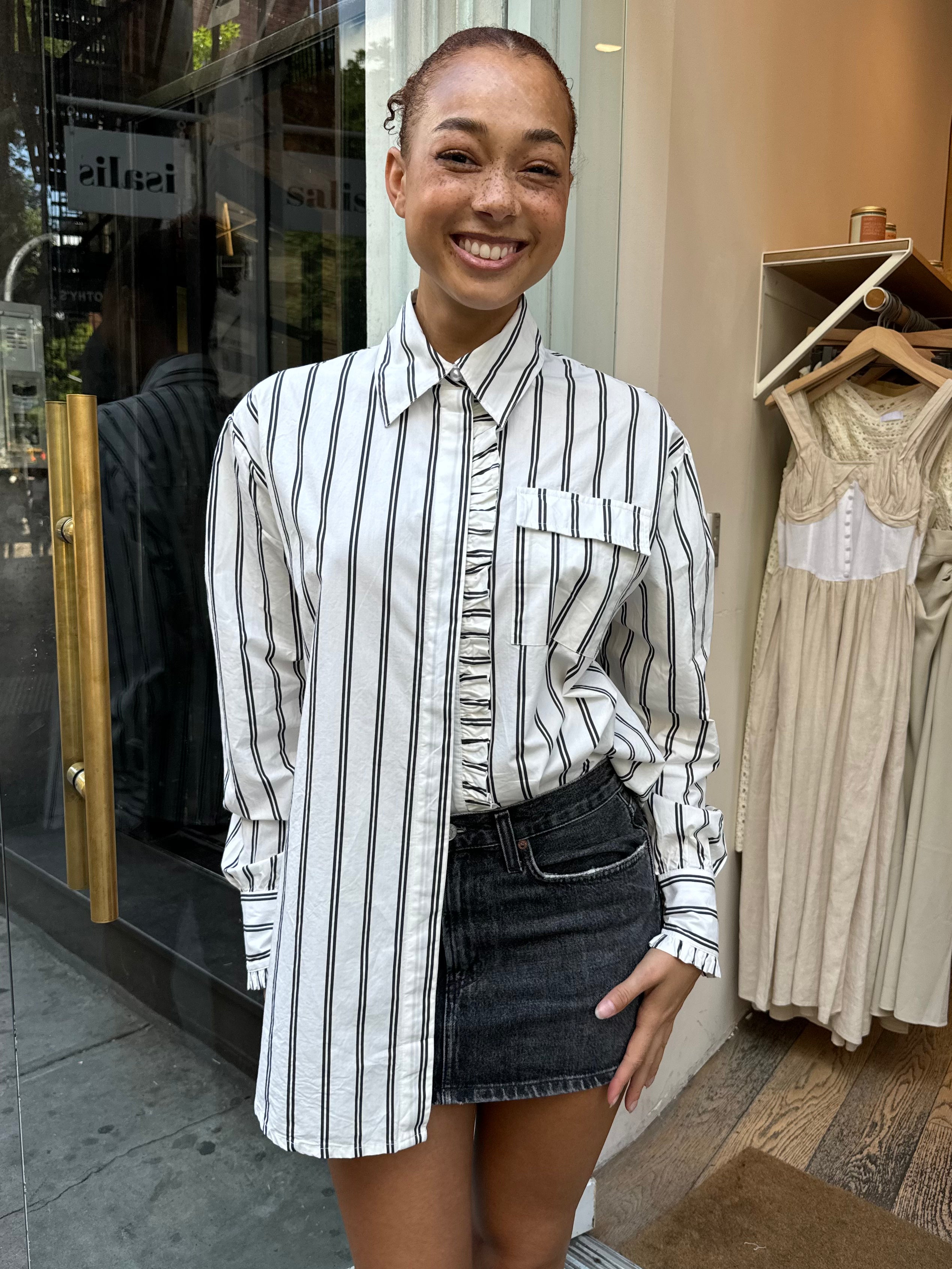 Kylie Ruffle Shirt in White Stripe
