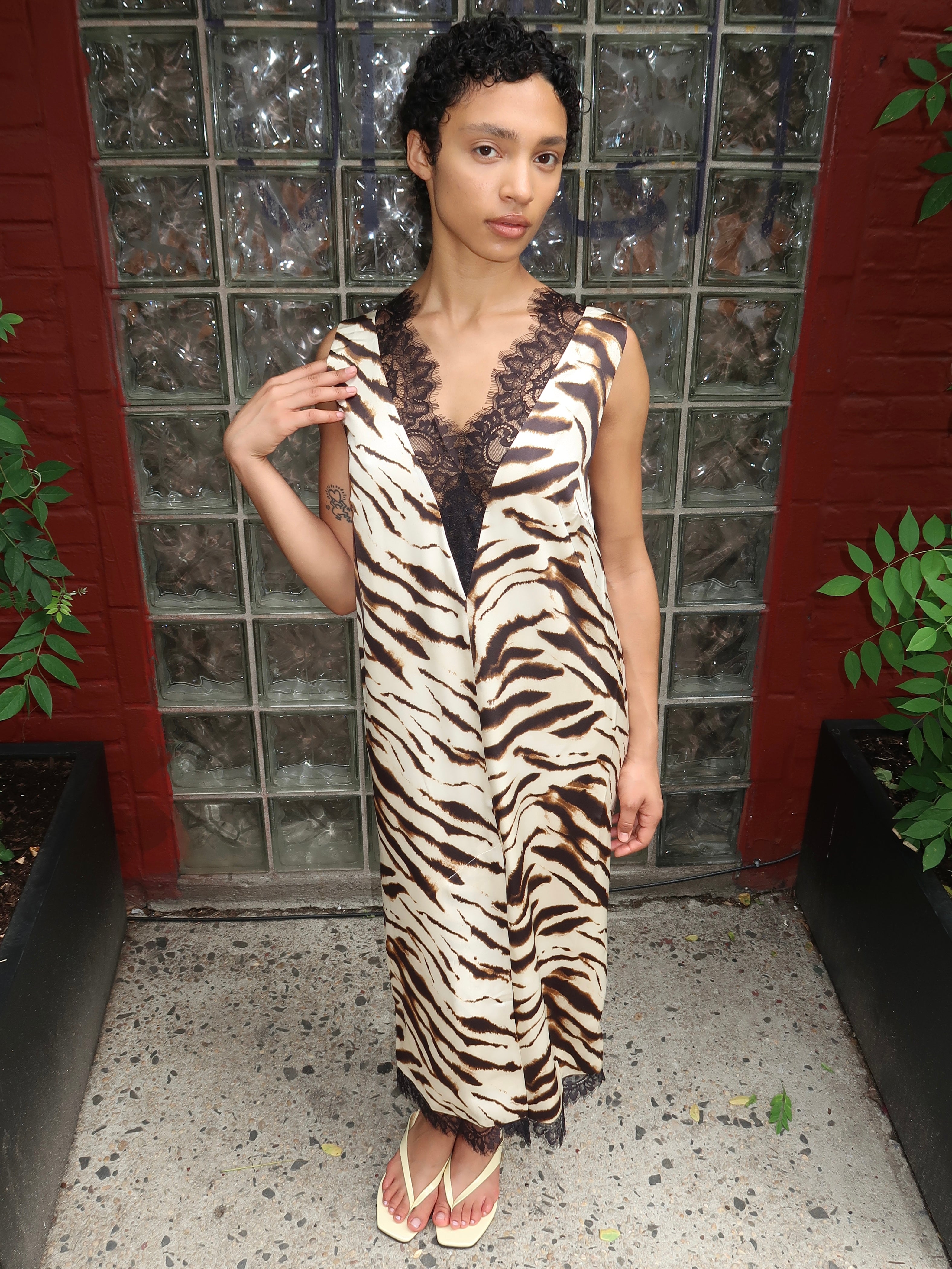 Printed Stretch Satin V-neck Midi Dress