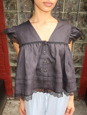 Light Linen Angel Sleeve Blouse in Black