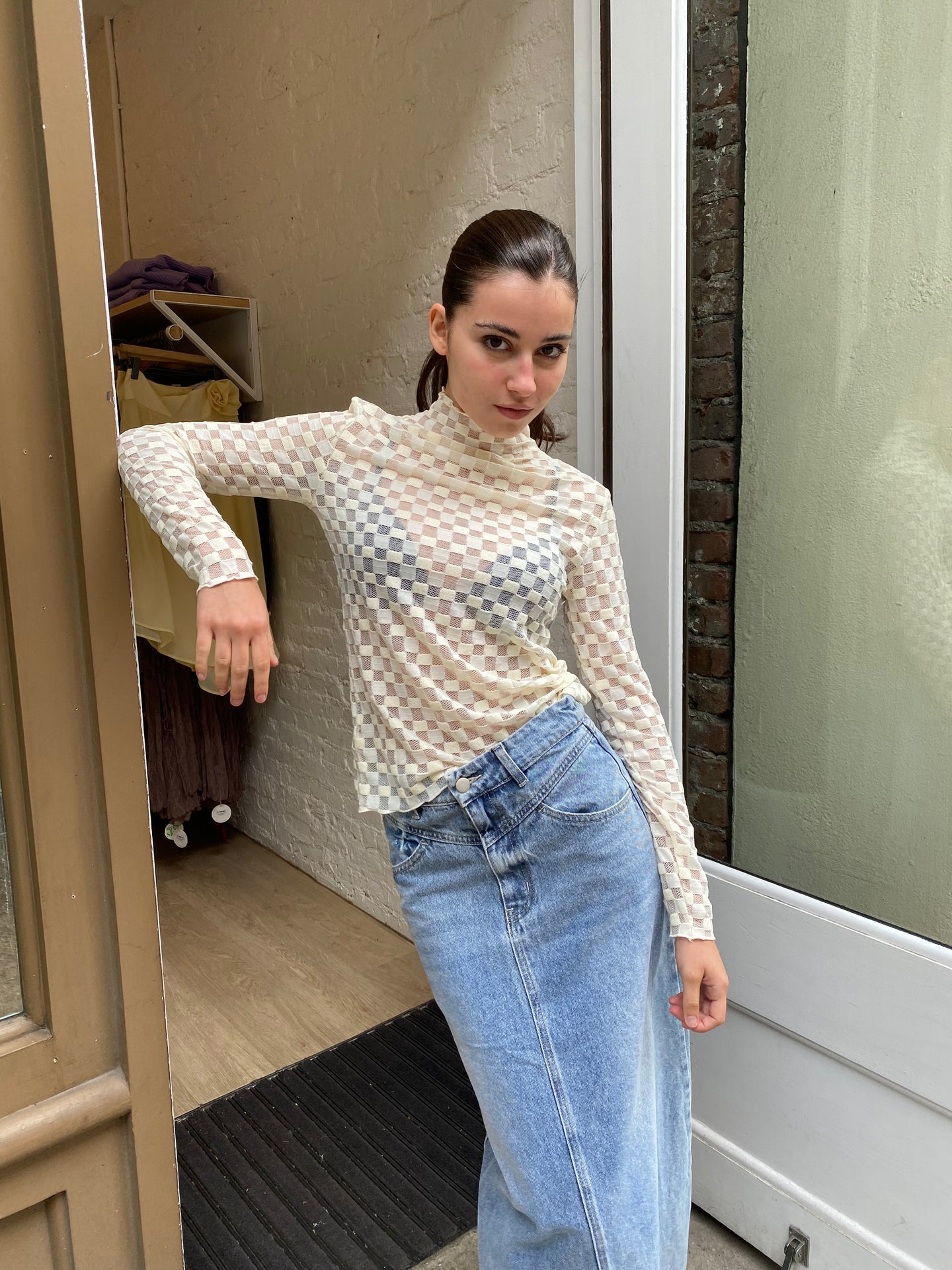 Harmony Checkered Mesh Top in White Noise