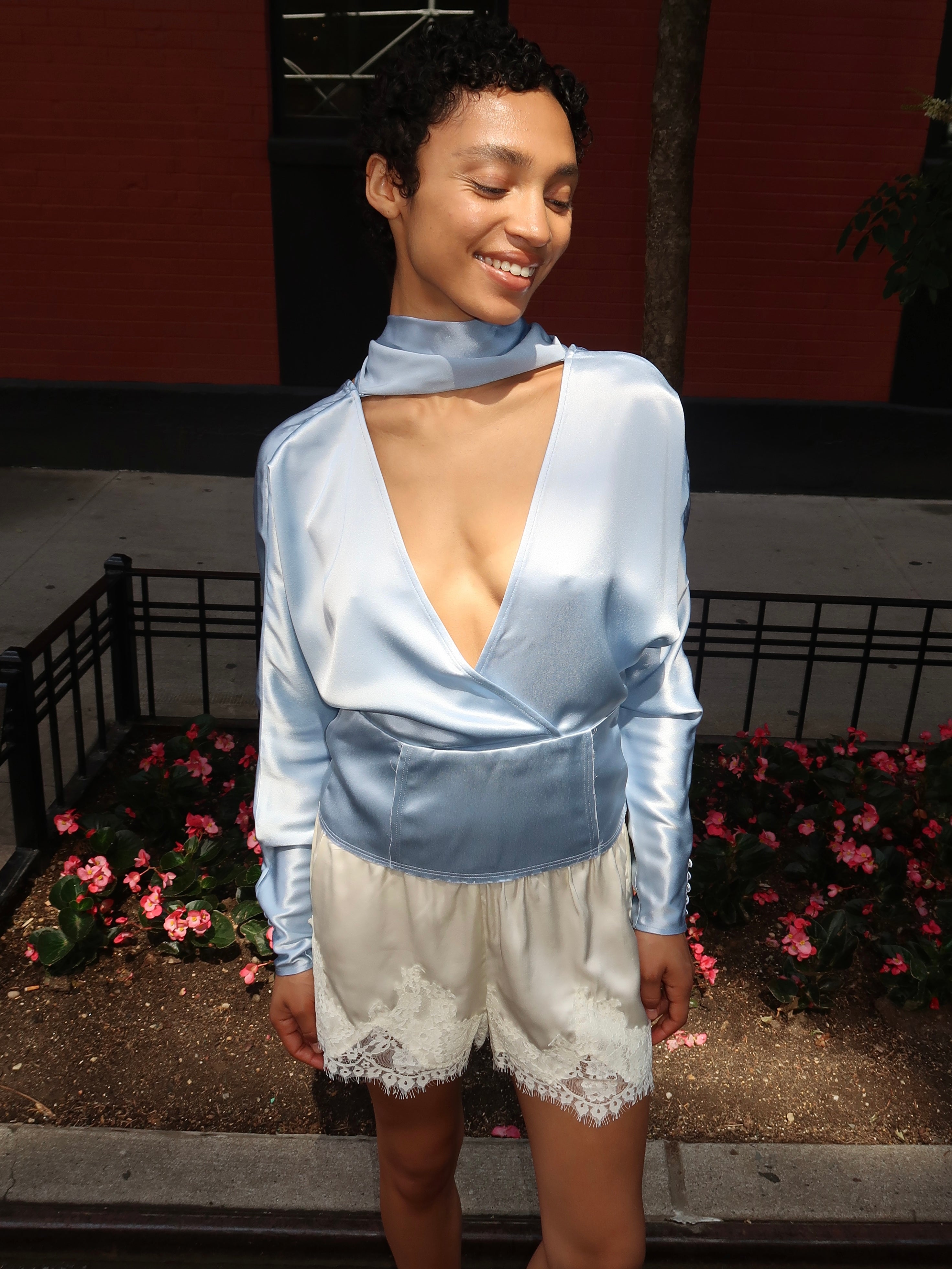 Fluid Satin Kimono Sleeve Scarf Blouse