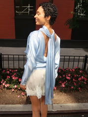Fluid Satin Kimono Sleeve Scarf Blouse