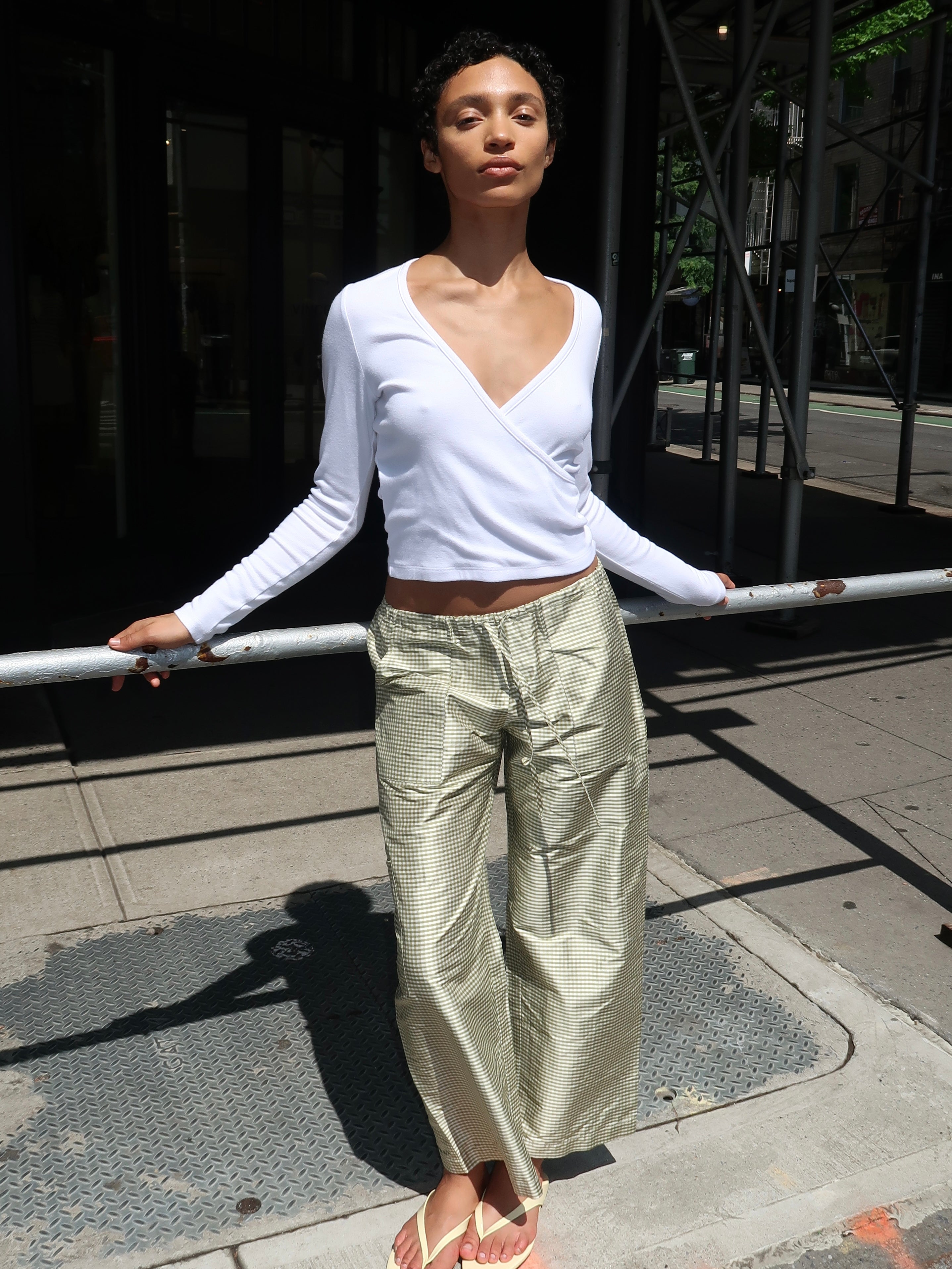 Taffeta Gingham Drawstring Cargo Pant in Pistachio