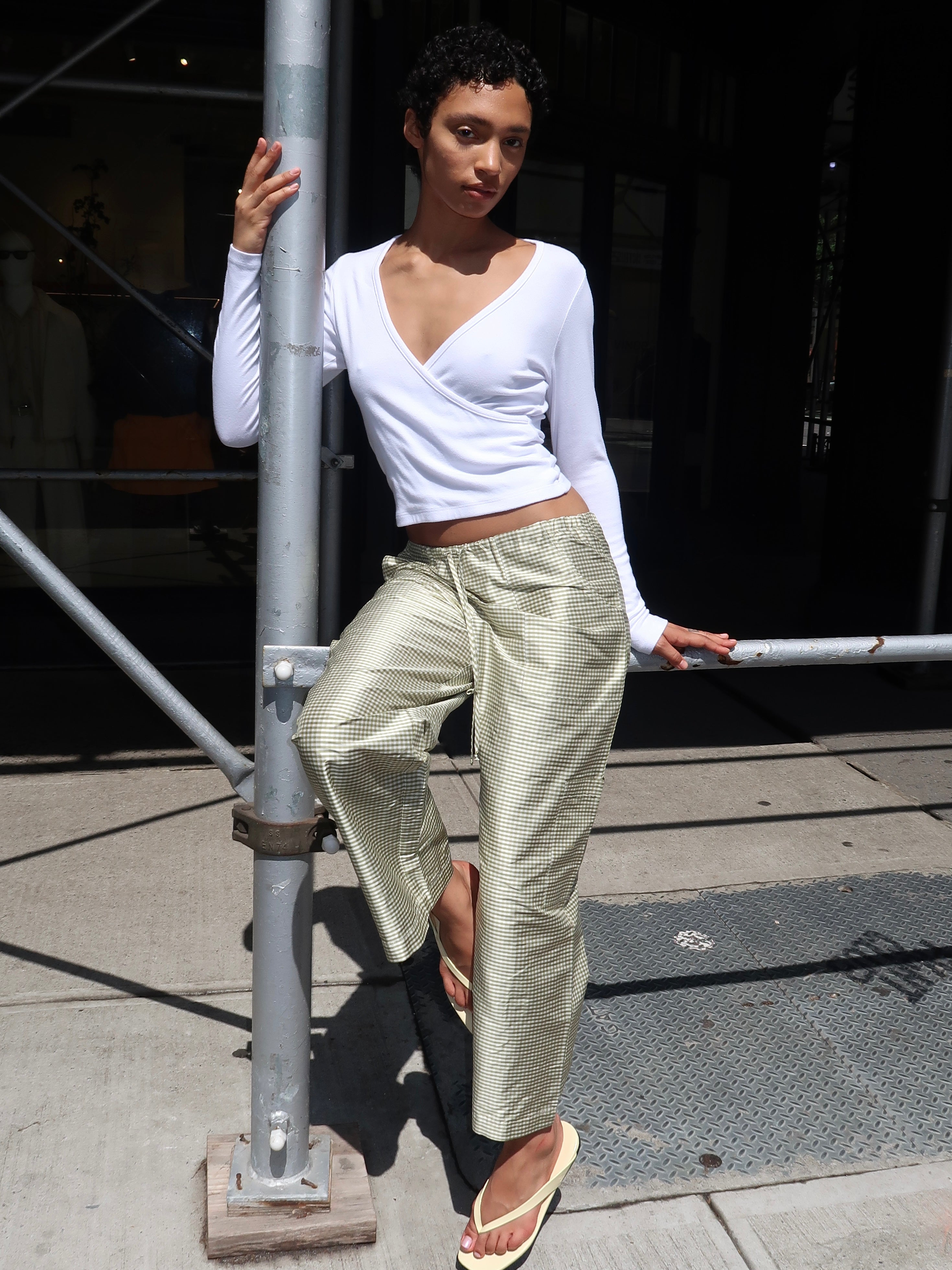 Taffeta Gingham Drawstring Cargo Pant in Pistachio