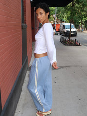 Linen Stripe Crop Racer Pant in Cornflower
