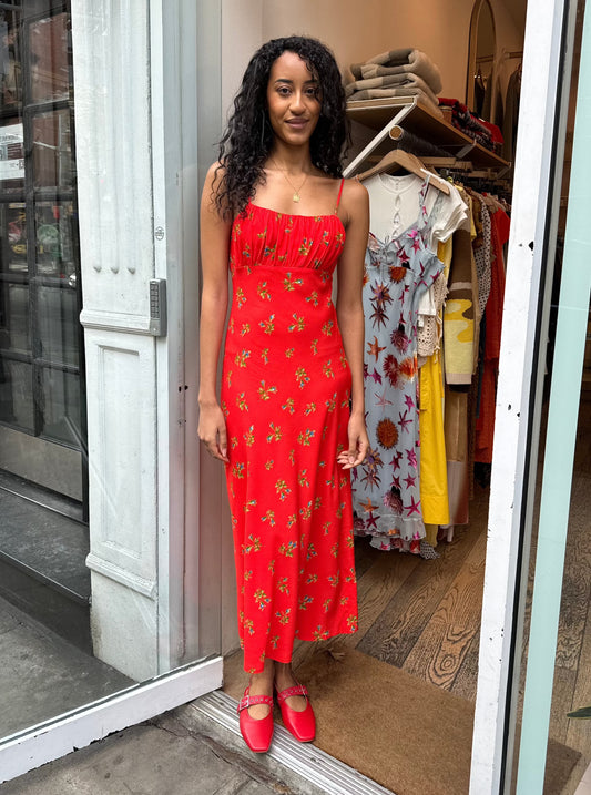 Velma Rosebud Midi Dress in Red Floral