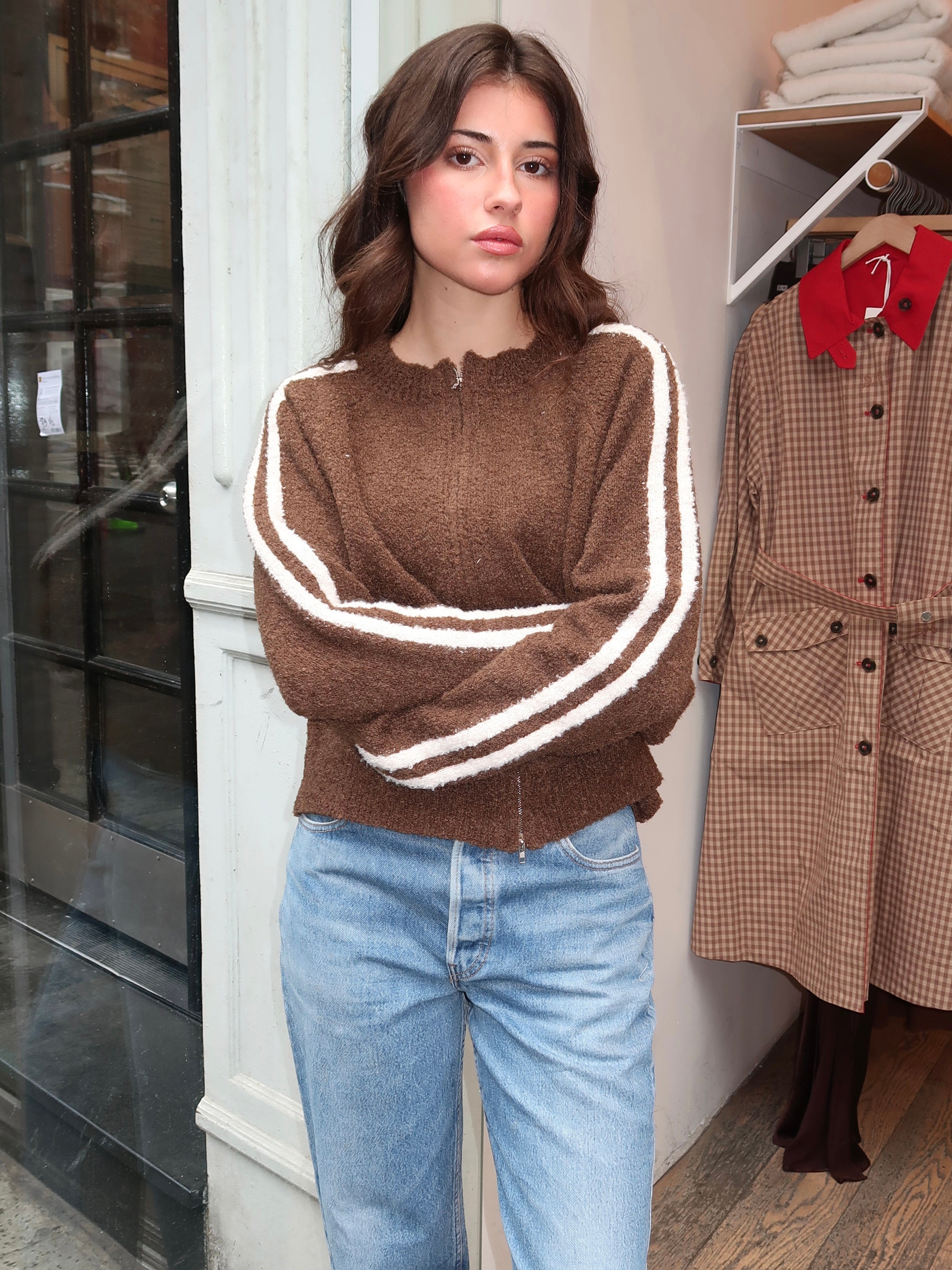 Finley Knit Zip Up Jacket in Brown