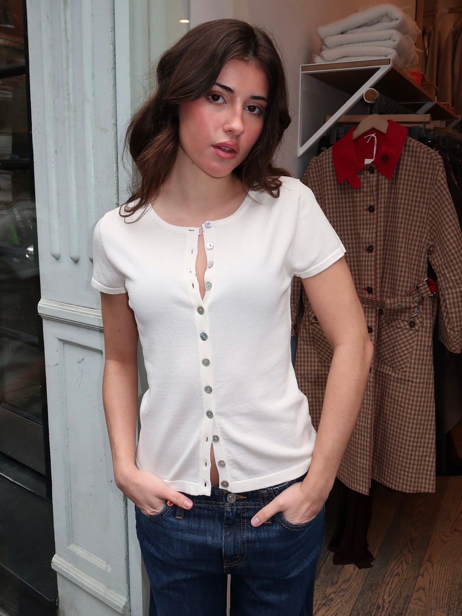 トップス andmary Elf button knit tops beige ANDMARY】Elf button knit tops