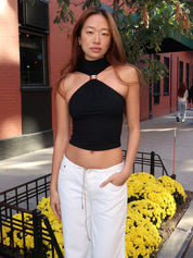 Aubrie High Neck Metal Ring Top in Black